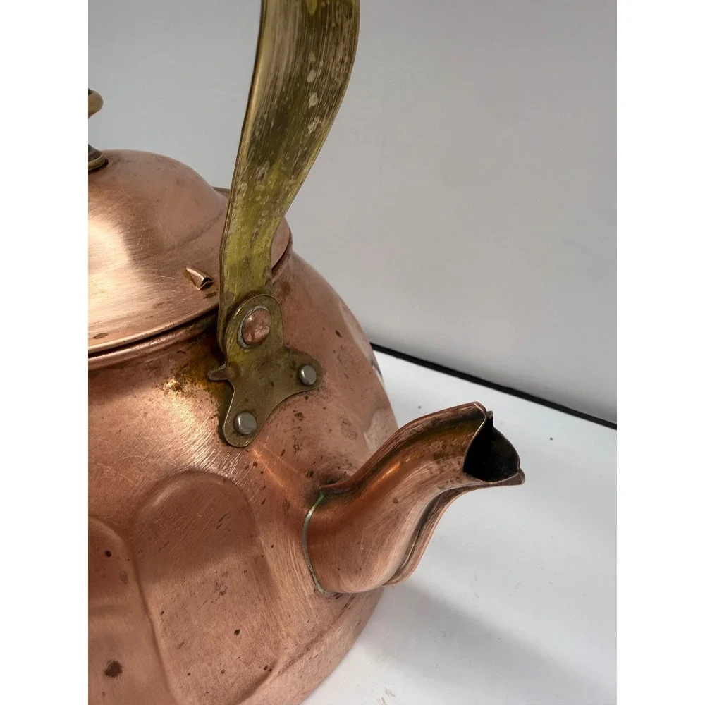 Vintage Copper Tea Kettle Brass Handle Fluted Thumbprint Design Rustic Decor